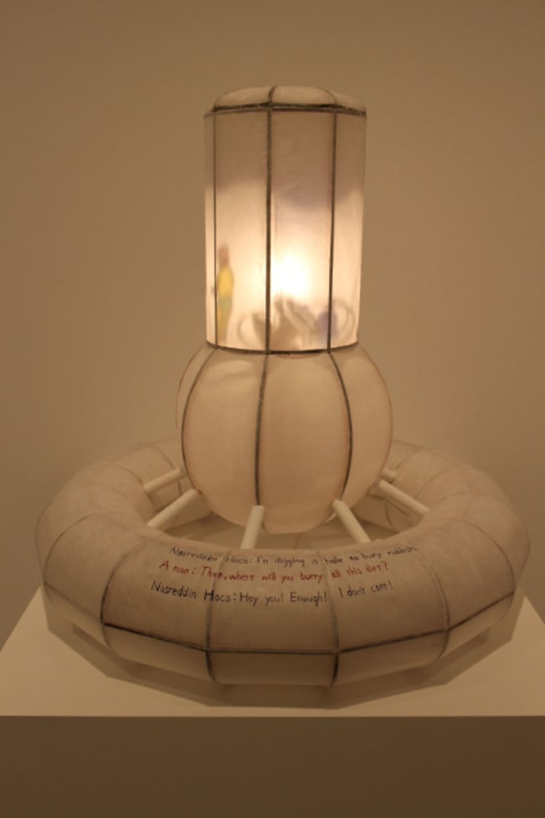 Nobuaki Takekawa Lantern of Nuclear Reactor: Tale of Hoca - Rubbish, 2013 Paper, wood, light bulb, cellophane sheet, watercolor 60 x 60 x H60 cm