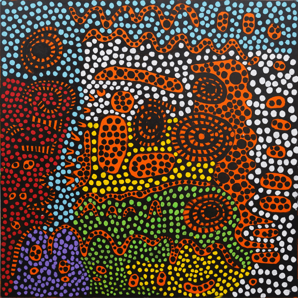 Yayoi Kusama WHAT FOOLISHNESS MY NEVER-ENDING JOURNEY, 2021 Acrylic on canvas 130.3 x 130.3 cm