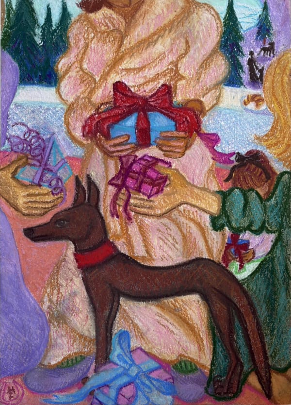 Maria Farrar Family exchanging gifts, 2024 Pastel on paper 40 x 30 cm