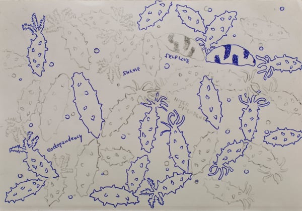 Akira the Hustler Starting from dependency 01, 2024 pen and carbon paper on paper 15 x 21.2 cm