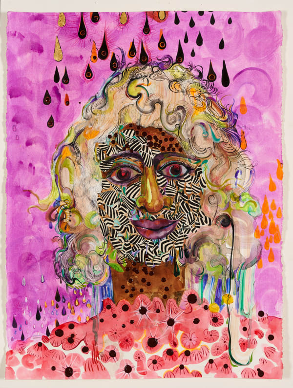 Rina Banerjee Droplets and social decisions carpeted her expression, a distaste for isolation melted as survivors hypnotized by sickness both viral and racial climbed out of Central Park to change all Delusions and impressions, 2020 Acrylic and collage on paper 76 x 57 cm