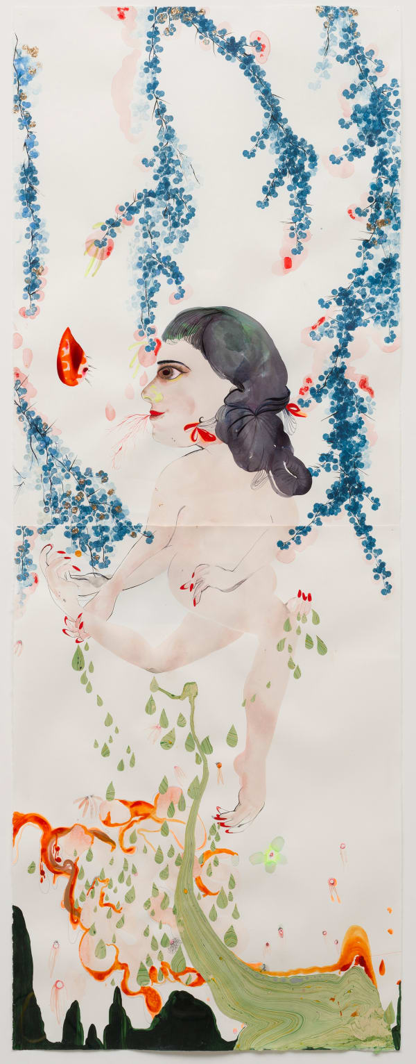 Rina Banerjee Petty crime, shame on her mind, 2014 Acrylic, ink and collage on watercolour paper 153.3 x 57.3 cm