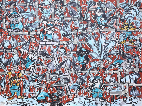 Nobuaki Takekawa Cat's Water Work Site , 2019 Acrylic on canvas 194 x 259 cm