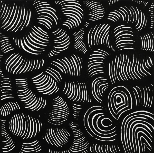 Yayoi Kusama I BECOME A STONE NOT IN TIME ETERNAL BUT IN THE PRESENT THAT TRANSPIRES, 2019 Acrylic on canvas 100 x 100 cm