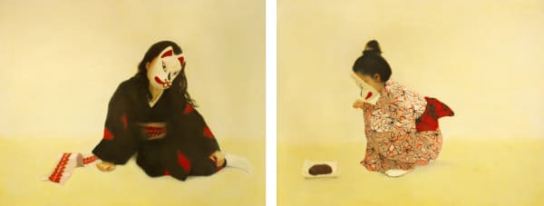 Manami Koike "This rice cake looks delicious. Can I have this?" "Don't you dare. It could be horse dung." / 「おいしそうな牡丹餅だ、食べてもいいかい?」「食べるんじゃないよ、馬の糞かもしれない。」, 2007 oil, chalk, ground, cotton, wooden panel 112x145.5cm each set of 2