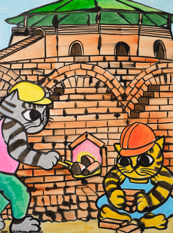 Nobuaki Takekawa Cat Brick Factory, 2024 Ink, acrylic on paper mounted on wooden board 130.3 x 97 cm