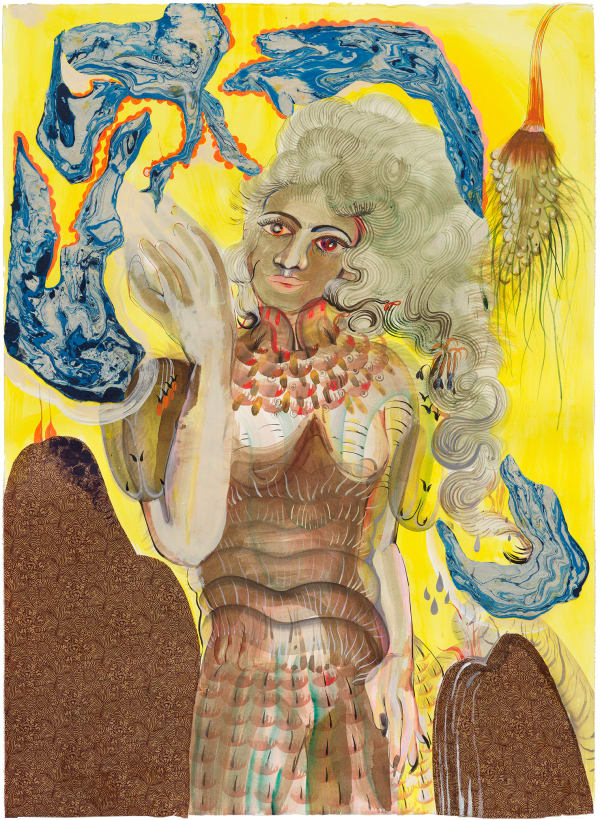 Rina Banerjee Conspicuous waters waffled into sky and mountains cracked to migrate, go into elsewhere. Like Indian rope trick she escaped hotness of Southern breath and juggled her race ethnicity, made oceans tear open, let flow people mixing in all directions, 2020 Acrylic, ink and collage on paper 76 x 55 cm