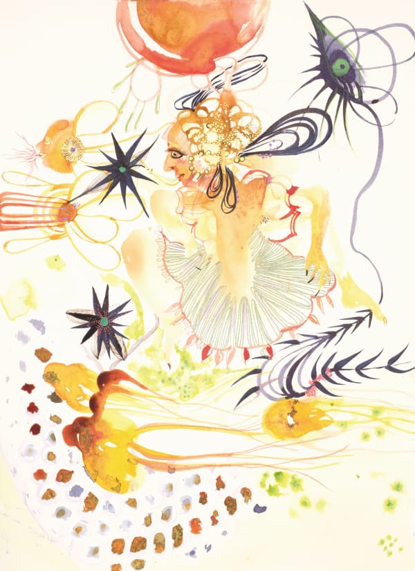 Rina Banerjee Fetal and funny they clustered around her somewhat sunny and as many . Then in a flurry she drew from them her full hurry primitive and plain she pretended to play into Darwin's danger mixed and mingled her selectivity did not wander, 2010 Acrylic, ink, watercolor paper 38.1 x 27.9 cm (Frame: 49.1 x 39 x 4.5 cm)