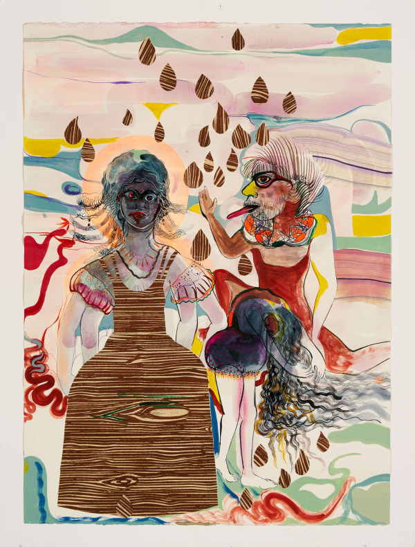 Rina Banerjee Human stain, release us from fearing the fears of our others who are in pain. Stay awhile to listen to this unwanted stain, hiding, heard or frozen stares be gone as we come together, our girls, children to grow away from silence and her sister - shame., 2019 Acrylic and collage on paper 76 x 56 cm