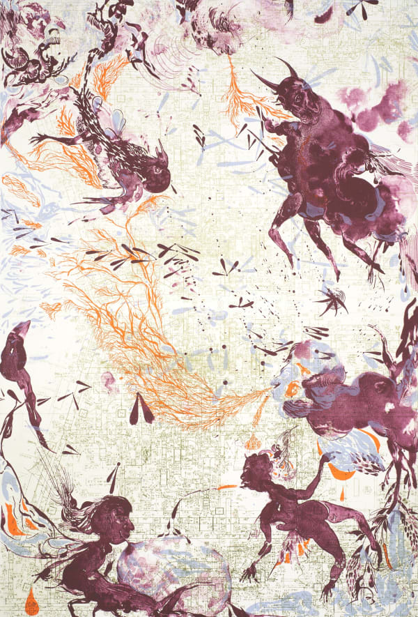 Rina Banerjee ivory hunters, rubber merchants, labor traders, farm hands, like ancient tree, Banyan tree threw it's tangerine roots from his pale mouth, scraped the earth of wealth with bodies jumping, swaying and swirling, black and brown limbs flying, small hands chu, 2011 Original lithograph made at Edition Copenhagen 100 x 69 cm [Paper] / 109.5 x 76.5 x 5.5 cm [Frame] Edition 73 of 75