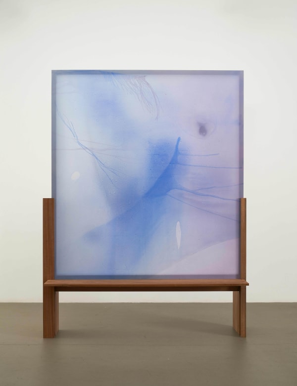 Guo-Liang Tan Screen Practice II, 2021 Acrylic on aeronautical fabric, balau wood 232 x 175 x 62.5 cm [Painting: 180 x 165 cm / Wooden stand: H120 x L175 x W 62.5 cm]