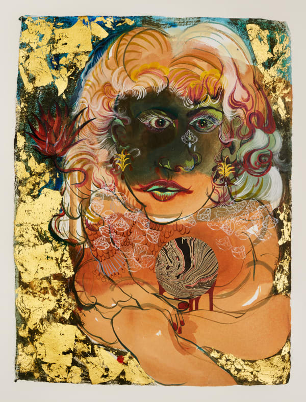 Rina Banerjee Fortune Teller, a woman with inside eyes, your life's Gardener and to me say no more turn my pages bring me luck, your eye has voices, your choices spirited, your beauty brave brilliant free, 2019 Acrylic and collage on paper 76 x 57 cm