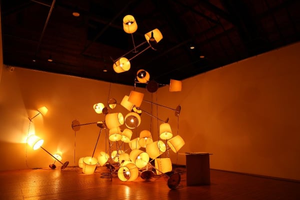 Tsuyoshi Hisakado FUZZ, 2015 Stand Light, Sound, Light Bulb, Computer, Brass, Notebook, Watch, etc. Dimension variable