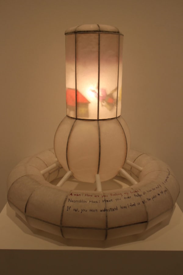 Nobuaki Takekawa Lantern of Nuclear Reactor: Tale of Hoca - Pain, 2013 Paper, wood, light bulb, cellophane sheet, watercolor 60 x 60 x H60 cm