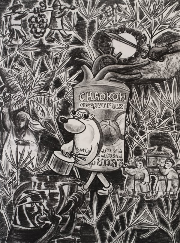 Nobuaki Takekawa Through the Reed-Rhapis Forest to Canaan, 2024 Charcoal on paper mounted on wooden board 130.3 x 97 cm