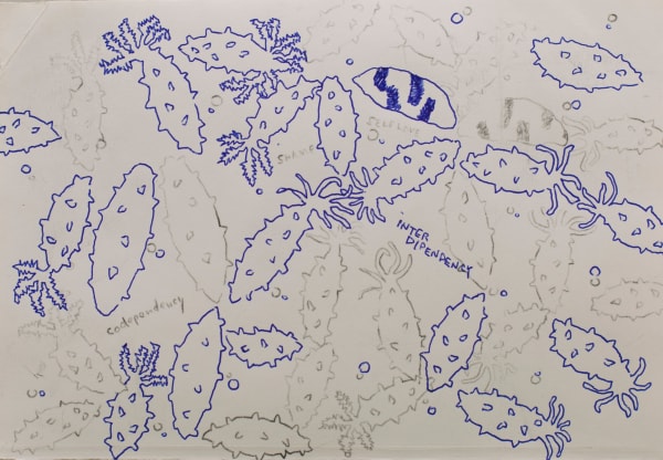 Akira the Hustler Starting from dependency 02, 2024 pen and carbon paper on paper 15 x 21.2 cm