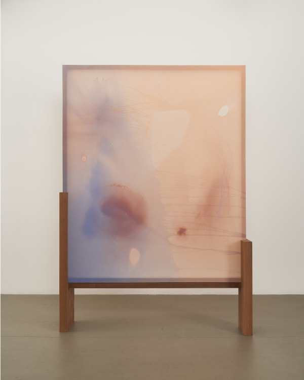 Guo-Liang Tan Screen Practice I, 2021 Acrylic on aeronautical fabric, balau wood 215 x 170 x 55 cm [Painting: 180 x 165 cm/ Wooden Stand: H115 x L170 x W55 cm]