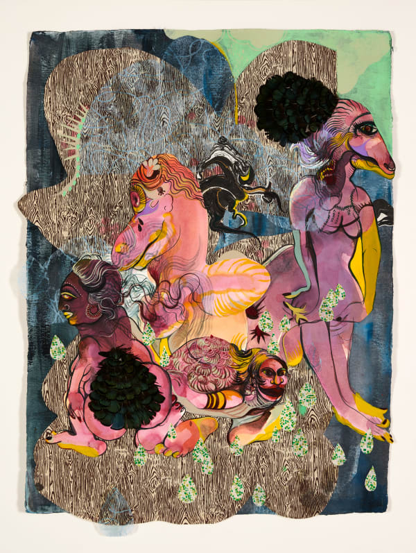 Rina Banerjee A new citizen of a new family, a newcomer, like immigrant farmer, a stolen child or an adopted love she enters her grooms world as welcomed guest or hungry pest., 2020 Acrylic and collage on paper 79.5 x 59 cm