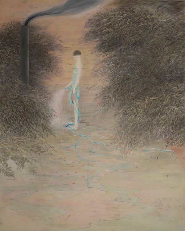 Tomoko Kashiki His Favorite Green Dress, 2018-2019 Acrylic, pastel, silica sand, linen, wooden panel  227 x 182 cm