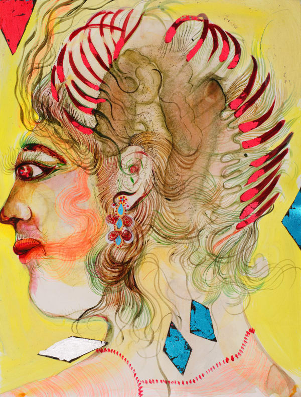 Rina Banerjee, Yellow diamond imprecise in cut and stain made by earth dropped like watery rain making him quiver and see flicker of light that leaked to surround him in unseen weather and many thoughts of health. , 2024