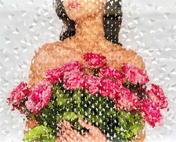 Lis Sam œuvre d'art d'une femme avec un bouquet de fleur dans ses mains