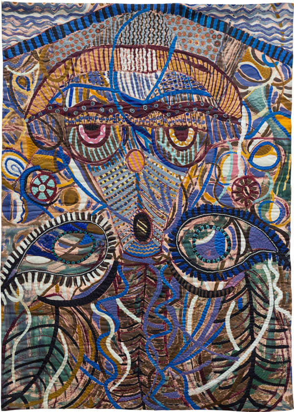 Red-eye mask, 1994 Oil, mirrors, plastic buttons, rick rack ribbons on stitched and padded canvas 78 x 57 in 198 x 145 cm