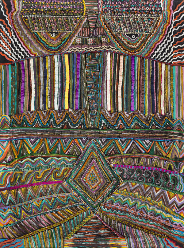 Masai Man, 1982 Acrylic, plastic beads, rick rack ribbons, painted cloth on stitched and padded canvas 80 x 56 in 203 x 142 cm