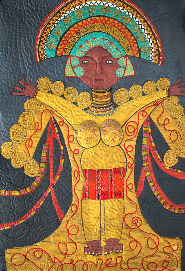 Mayan mask, 1990 Acrylic, buttons, beads, mirrors, handwoven cloth, rick rack ribbons, sequins, padded cloth on stitched and padded cloth 100 x 68 in 254 x 172.7 cm