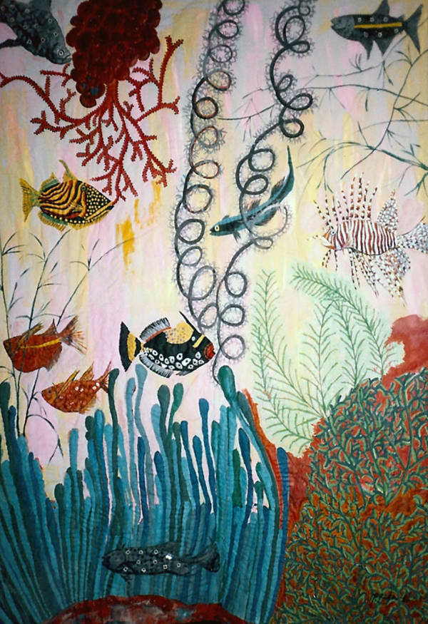 Puerto Galera III, 1986 Acrylic, oil, buttons, mirrors, cotton cloth on stitched and padded canvas 94 x 69 in 239 x 175 cm