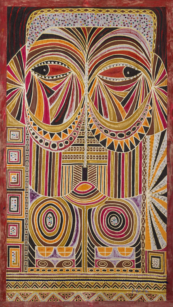 Bacongo VII, 1987 Acrylic, cowrie shells, plastic buttons, mirrors, rick rack ribbons, rhinestones stitched on silk screened, padded canvas 100 x 59 in 254 x 150 cm
