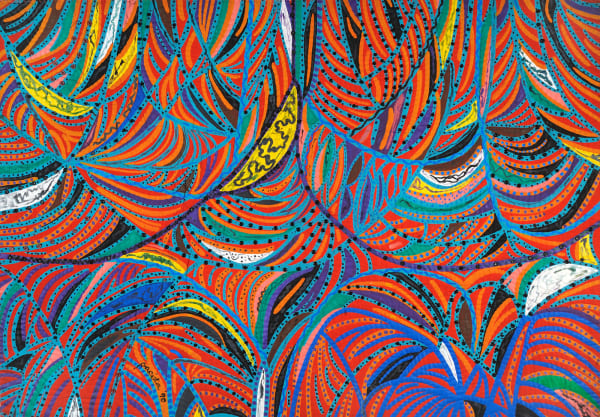 Yellow spider (Flame), 1990 Acrylic, buttons, mirrors on silk screened, stitched and padded canvas 56 x 79 in 142 x 200 cm