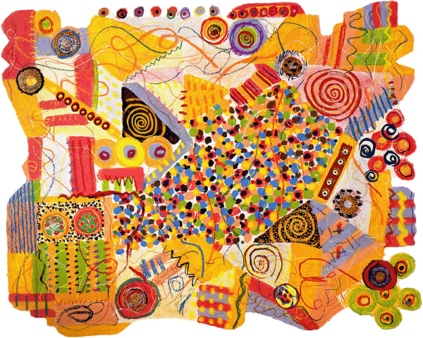 Sweet things are made of these (edition of 12), 2003 44-colour, stencilled coloured paper pulp, lithograph, linocut, silkscreen, on shaped handmade off-white STPI paper, with cloth and foil collage, Tycore® construction on Rives BFK 50 x 40 in