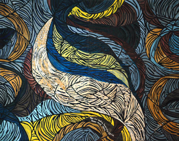 Andes, 1988 Acrylic, cowrie shells on silk screened, stitched and padded canvas 83 x 113 in 211 x 287 cm