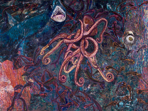 My fear of night diving, 1985 Oil, acrylic, mirrors, plastic buttons, rhinestones on stitched and padded canvas 130 x 170 in 330 x 432 cm