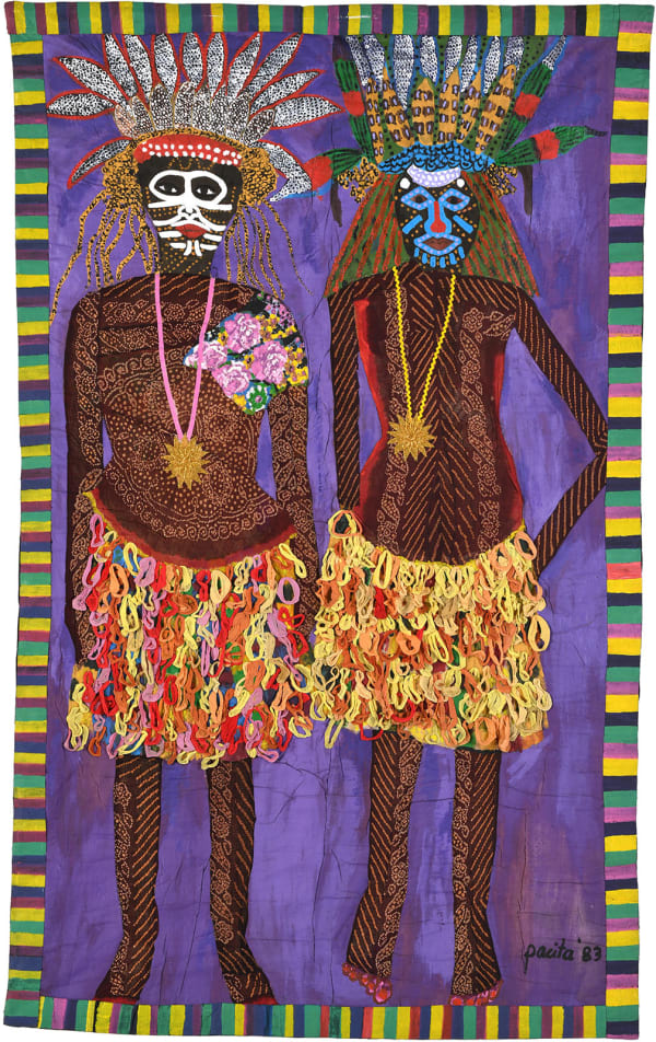 Sing-Sing in Port Moresby, 1983 Acrylic, tie-dyed cloth, gold yarn on stitched and padded canvas 94 x 56 in 239 x 142 cm