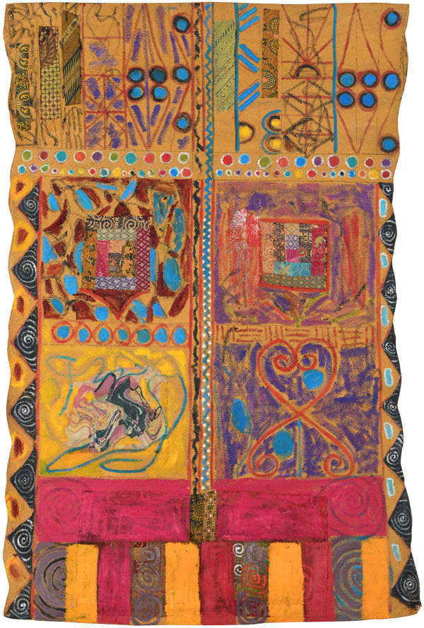 Door made of straw III, 1998 Oil, acrylic, painted and dyed canvas, painted cloth stitched on straw mat 89 x 53 in 226 x 135 cm