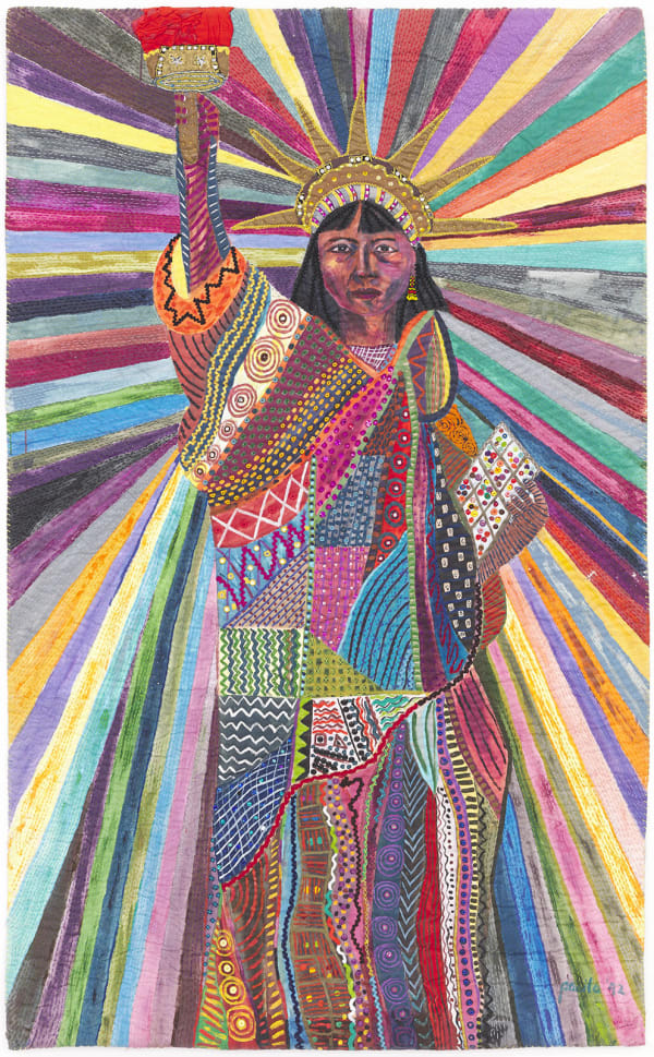 Immigrant Experience L.A. Liberty, 1992 Acrylic, cotton yarn, plastic buttons, mirrors, gold thread, painted cloth on stitched and padded canvas 94 x 58 in 239 x 147 cm