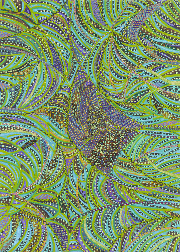 Grasshopper, 1985 Acrylic, oil, plastic buttons on silk screened, stitched and padded canvas 82 x 59 in 208 x 150 cm