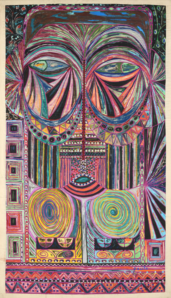 Bacongo VIII, 1990 Acrylic, cowrie shells, plastic buttons, mirrors stitched on silk screened, padded canvas 102 x 59 in 259 x 150 cm