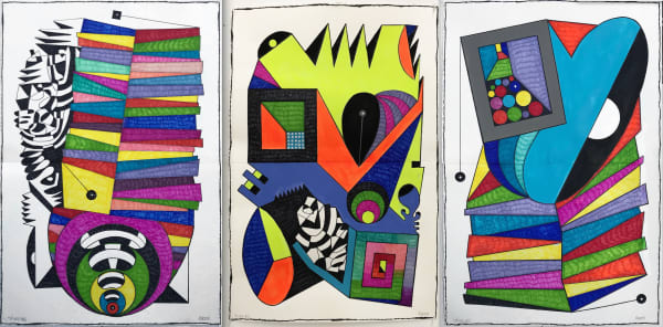 Luis Cruz Azaceta Hope in the age of Covid 1-2-3 (Triptych), 2021 Acrylic and ink markers on paper 39 1/2 x 77 1/4 in 100.3 x 196.2 cm