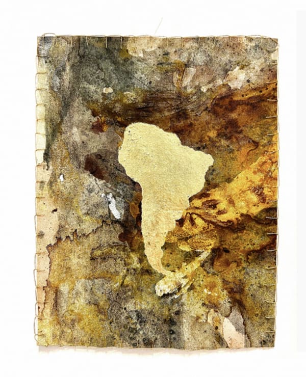 Vero Murphy From Series: Maps, 2024 23k gold leaf, thread, yerba mate tea and other natural pigments on canvas 9 x 12 in 22.9 x 30.5 cm