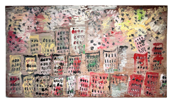 Purvis Young My home in Overtown, 80s Mixed media on wood 48 1/2 x 85 1/4 in 123.2 x 216.5 cm