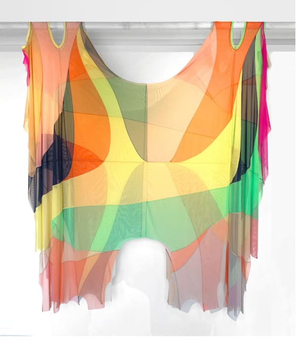 Katrin Schnabl Blossom 16-17, from EWNS series, 2023 Polyamide mesh fabric, wood, rubber, polypropylene 80 x 86 x 2 in 203.2 x 218.4 x 5.1 cm