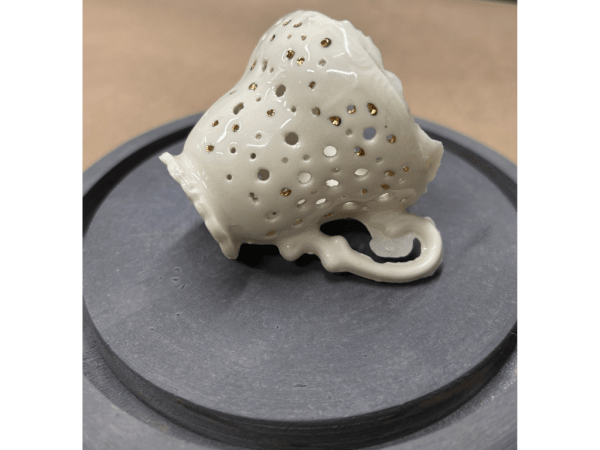 Mariana Tocornal Quebrada blanca con plato (White crack with a plate), 2020 Porcelain and Gold Luster Slip Casting technique, oxidation firing Dimensions Variable