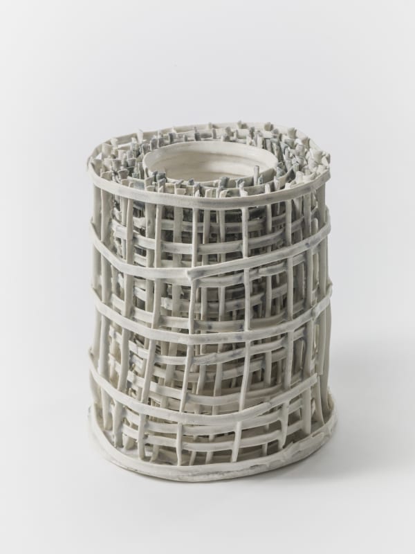 Kathryn Hearn Bale & Cage Vessel, 2020 Hand-built flax paper porcelain, white, dark & pale grey Dolomite semi-matt glaze 24 x 19 x 19 cm 9 1/2 x 7 1/2 x 7 1/2 in Unique