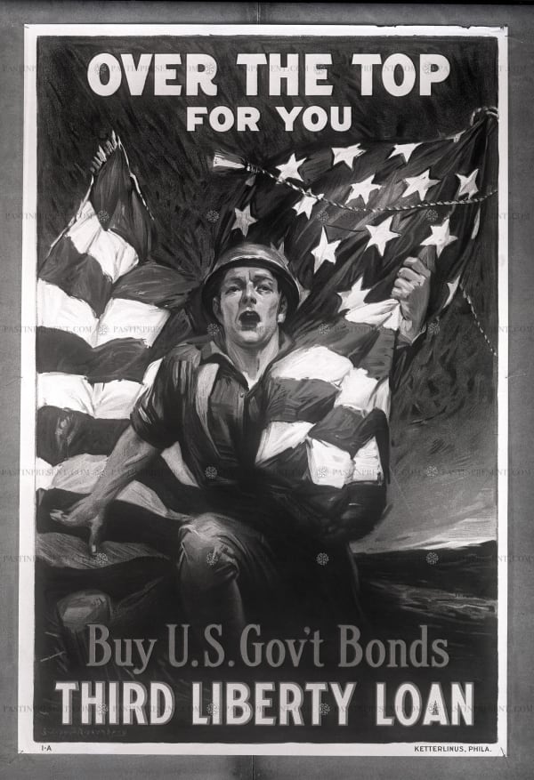 WWI Third Liberty Loan Poster by Sidney Riesenberg Image Of The Original War Time Canvas Nailed to the Wall, 1918