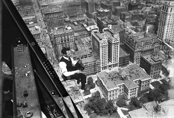 Daring Photographer Walter Miller shooting down from Woolworth Building City Hall Old County Courthouse at 52 Chamber Street Municipal Building, 1912