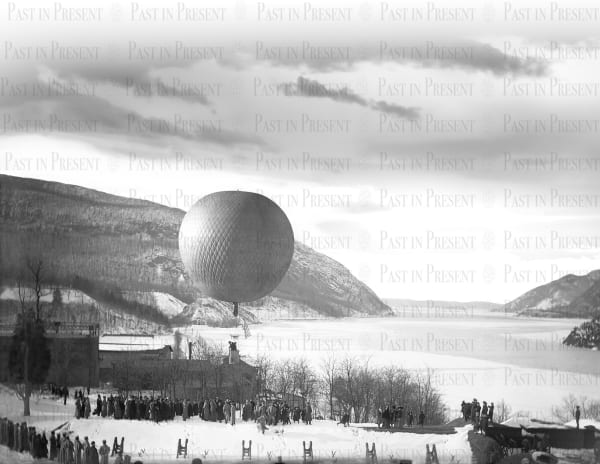 West Point U.S. Army Observation Balloon Taking Off from the Frozen Hudson Riverbank with Soldiers and Spectators Watching from the...