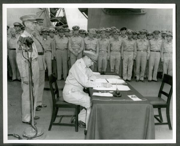 U.S. Army, "Formal Surrender of Japan" General Douglas MacArthur signs the official surrender of Japan aboard the USS Missouri, Tokyo Bay , August 21st, 1945