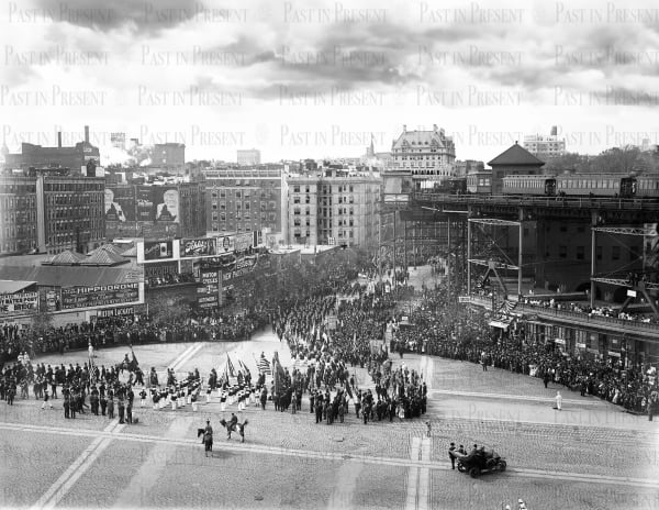 Hudson-Fulton Parade Starting Point Forming The Line On The Plaza at 110th Street and Central Park West NYC, 1909